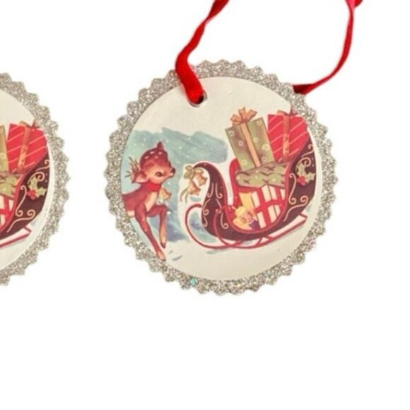 Retro Style Reindeer Christmas Sleigh Ornament Glitter Cardboard set of 4 - Picture 2 of 3